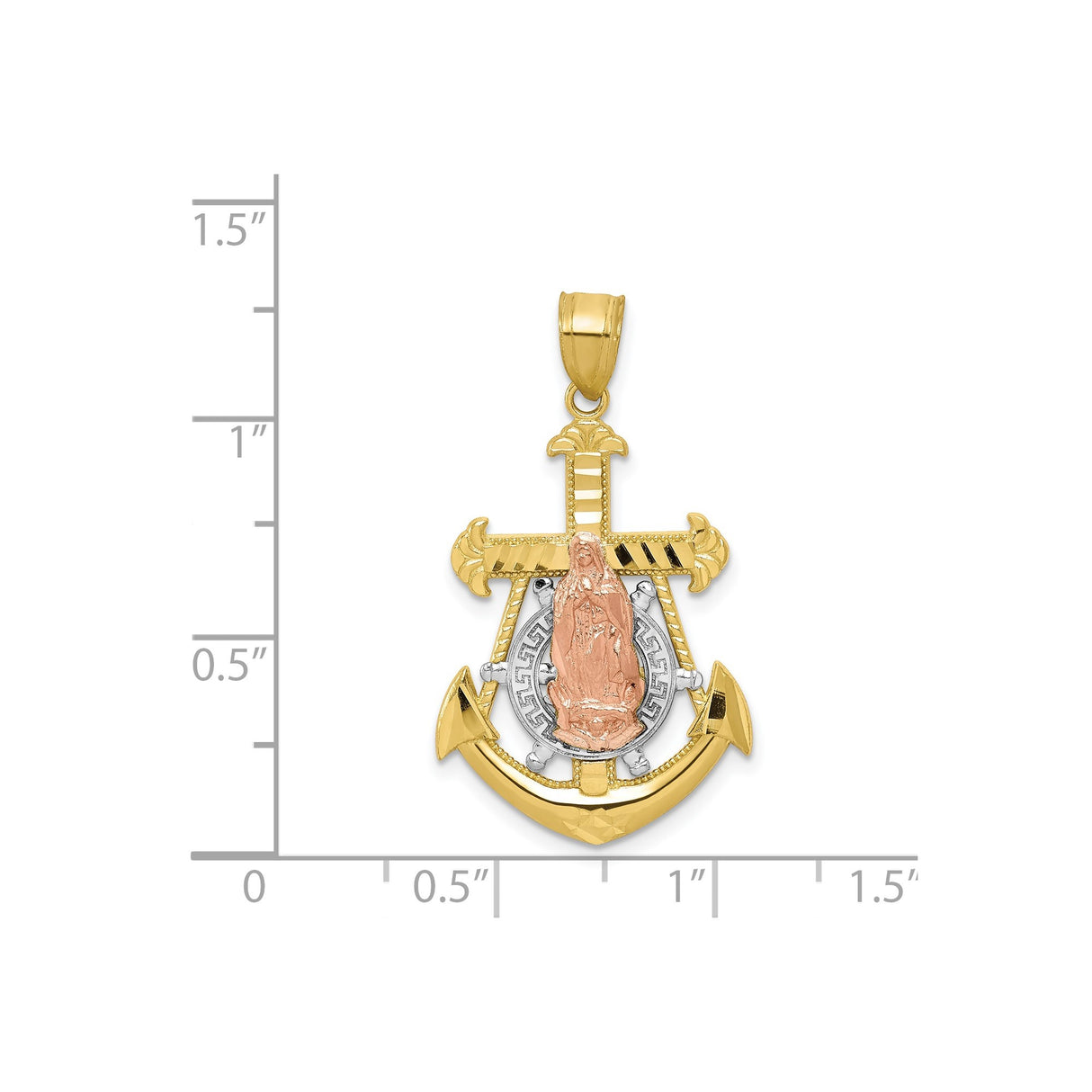 10k Two-Tone Gold Anchor Pendant with Rose Gold Virgin Mary, Catholic Religious Charm for Men