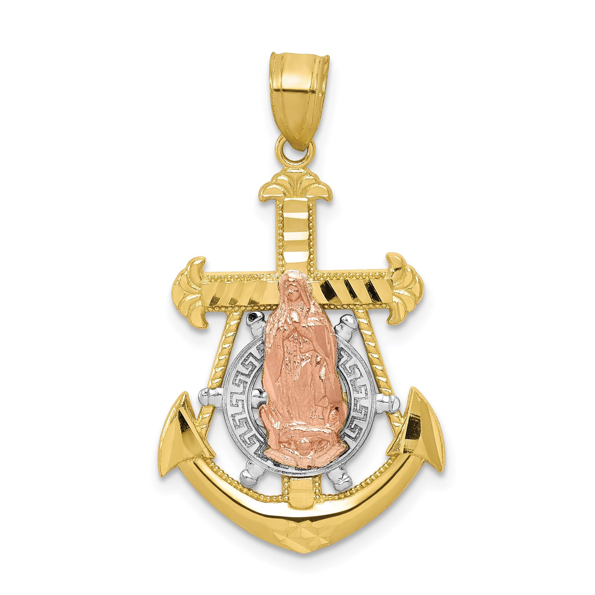10k Two-Tone Gold Anchor Pendant with Rose Gold Virgin Mary, Catholic Religious Charm for Men
