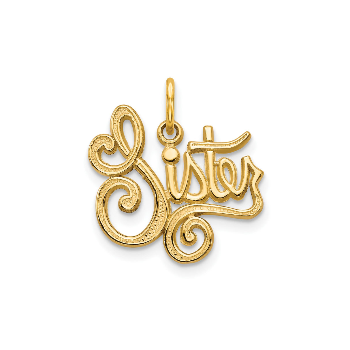 10k Yellow Gold Sister Pendant with Decorative Scroll Design and Script Lettering