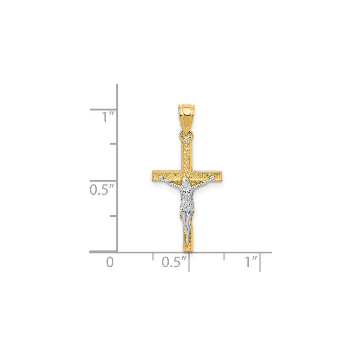 10k Multi-Tone Gold Crucifix Cross Pendant with Rhodium Accents, Latin Catholic Design