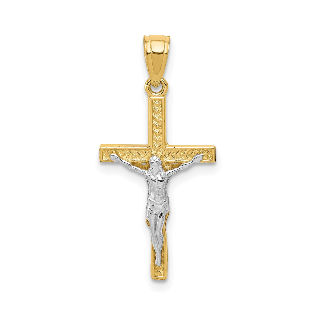 10k Multi-Tone Gold Crucifix Cross Pendant with Rhodium Accents, Latin Catholic Design