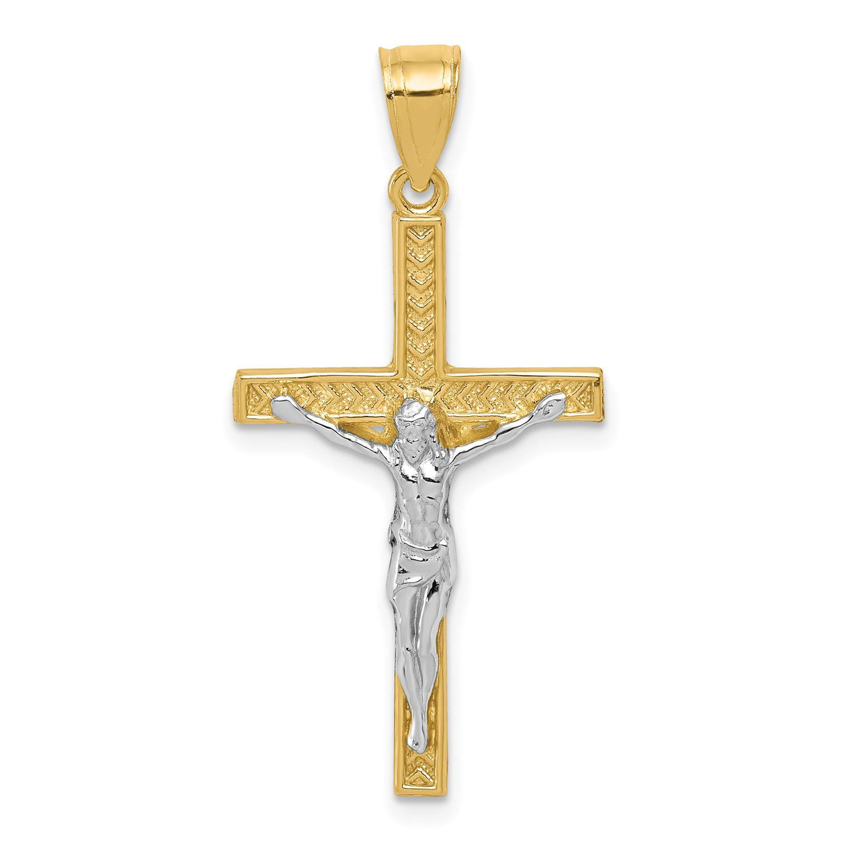 10k Multi-Tone Gold Crucifix Cross Pendant with Etched Jesus Figure, Unisex Religious Jewelry