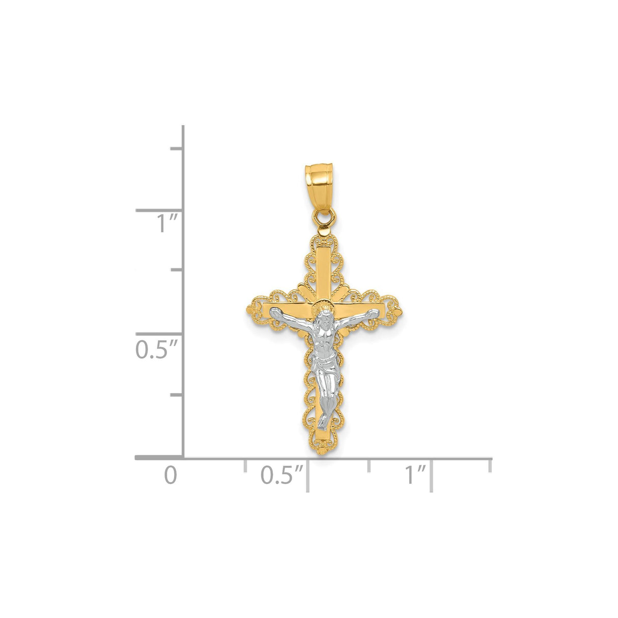 10k Multi-Tone Gold Crucifix Pendant with Rhodium Accents, Jesus Figure, Filigree Catholic Design