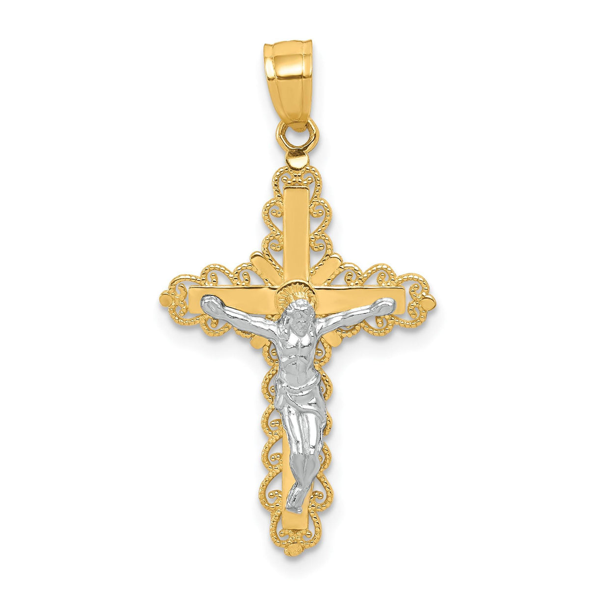 10k Multi-Tone Gold Crucifix Pendant with Rhodium Accents, Jesus Figure, Filigree Catholic Design