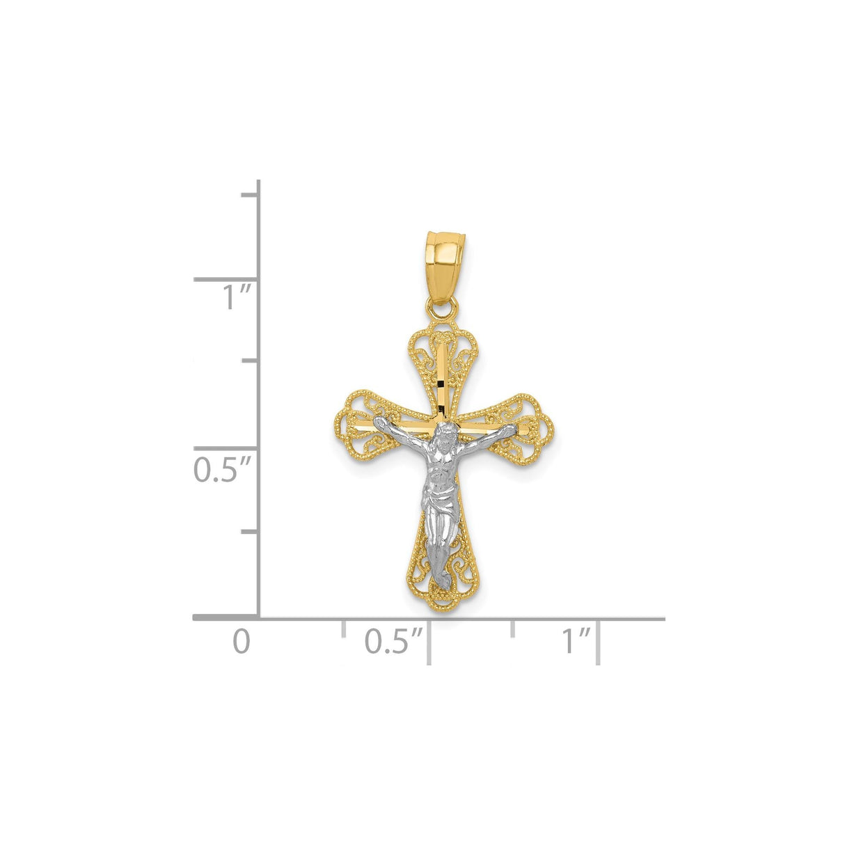 10k Multi-Tone Gold Crucifix Pendant with Rhodium Filigree Cross Detailing