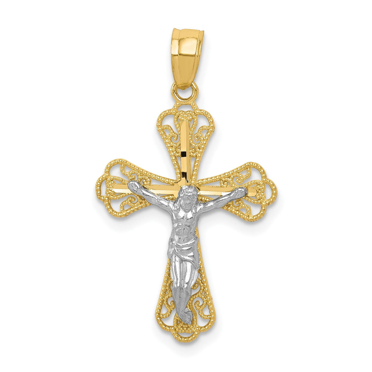 10k Multi-Tone Gold Crucifix Pendant with Rhodium Filigree Cross Detailing