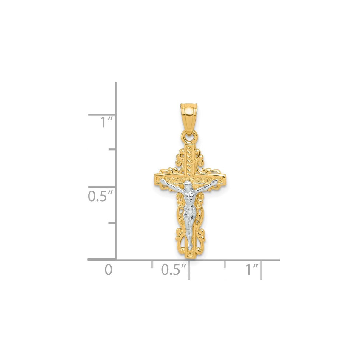 10k Multi-Tone Gold Crucifix Cross Pendant with Rhodium Accents, Baroque Religious Design