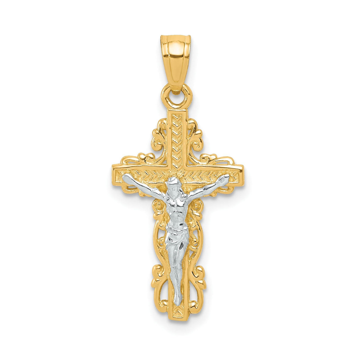 10k Multi-Tone Gold Crucifix Cross Pendant with Rhodium Accents, Baroque Religious Design