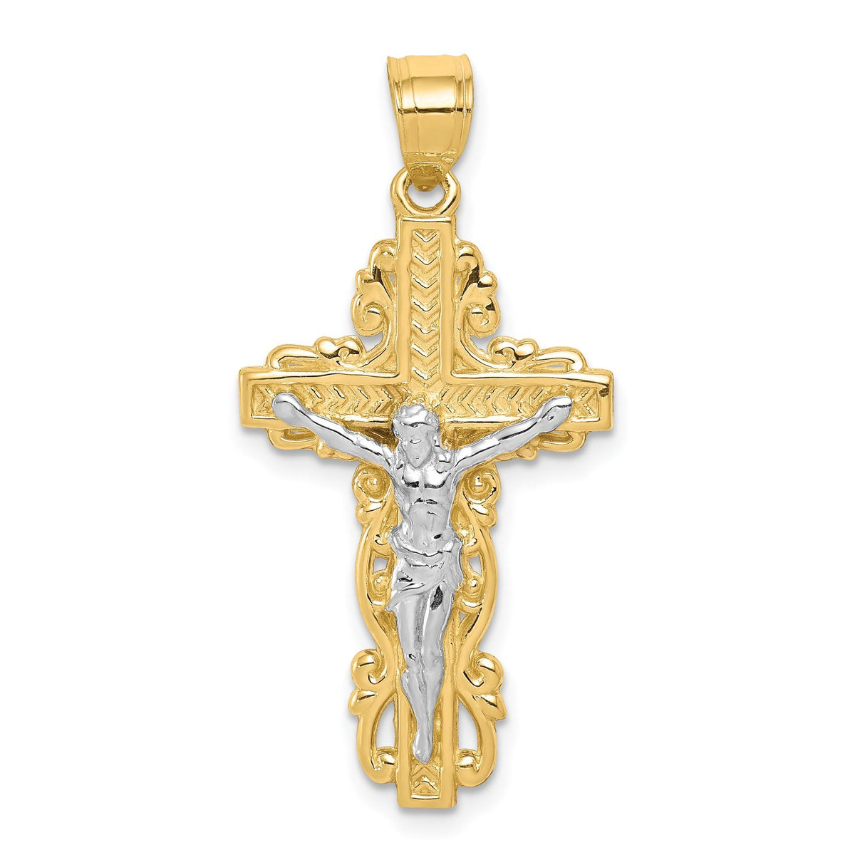 10k Multi-Tone Gold Crucifix Pendant with Baroque Design, Christian Jewelry for Men and Women