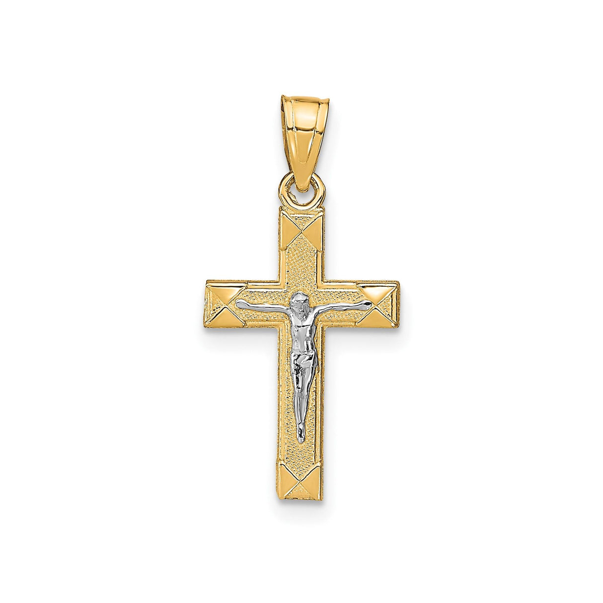10k Multi-Tone Gold Crucifix Cross Pendant with Silver Christ Figure and Textured Latin Design