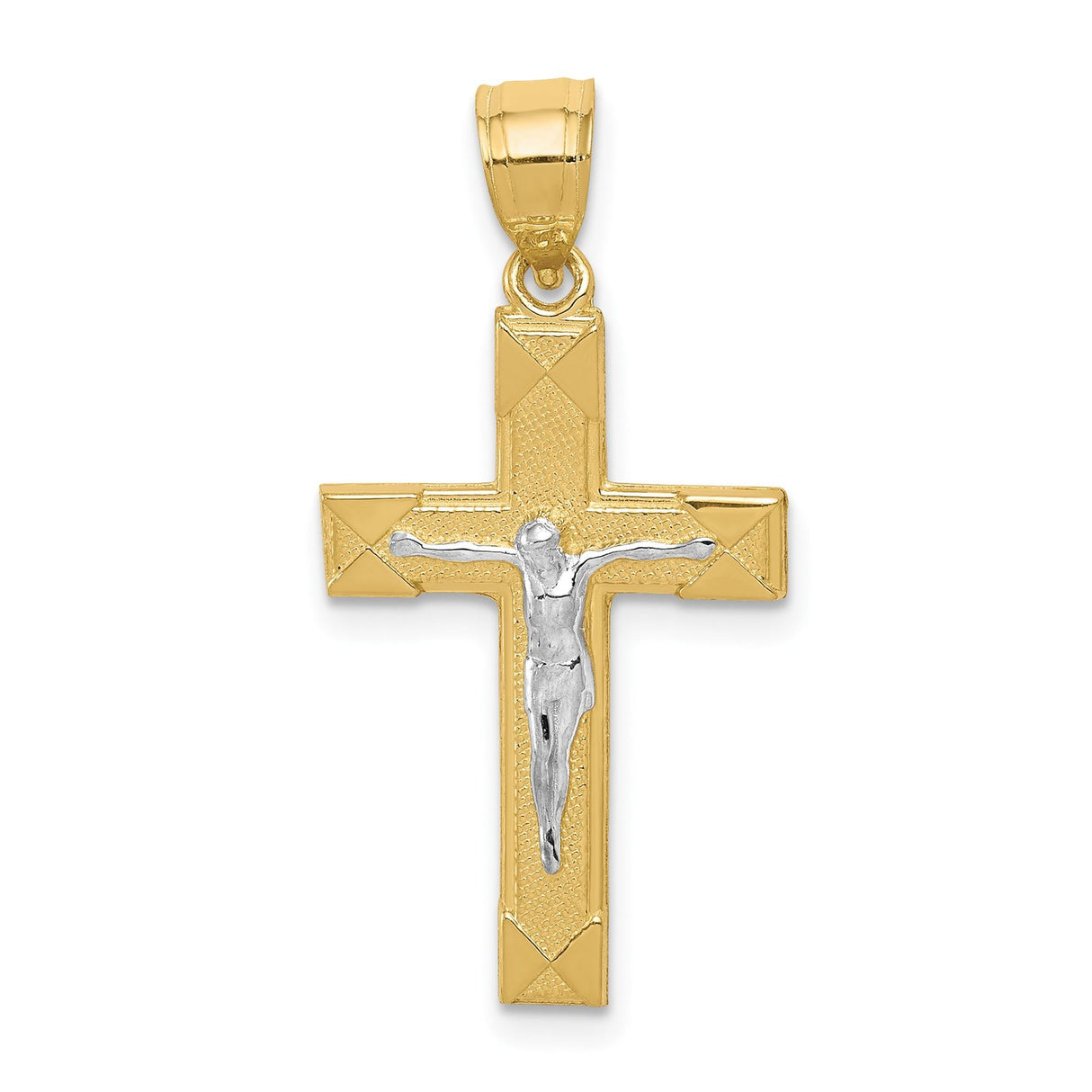 10k Multi-Tone Gold Crucifix Cross Pendant with Rhodium Finish Jesus Figure