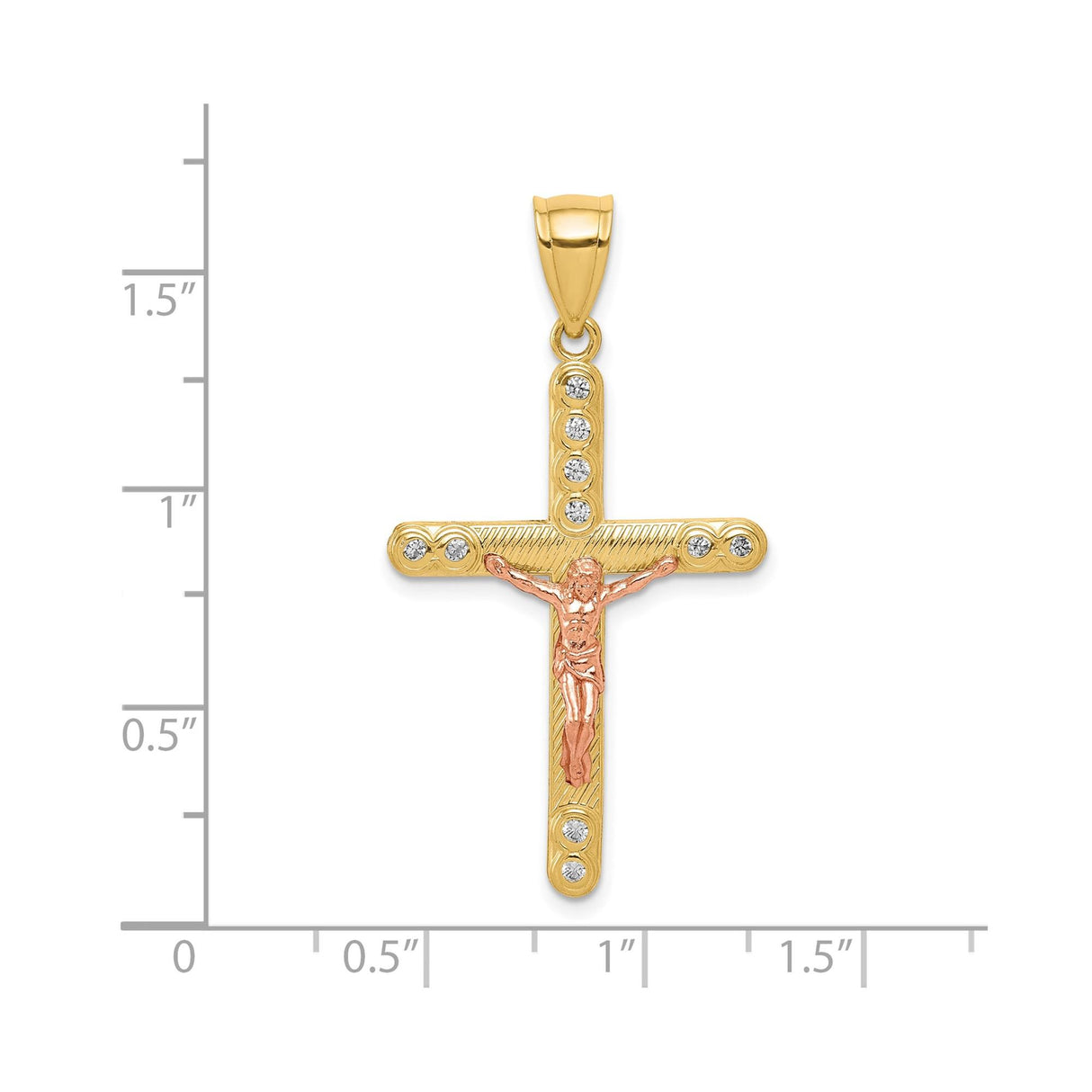 10k Two-Tone Gold Crucifix Pendant with Cubic Zirconia Accents, Textured and Polished Finish