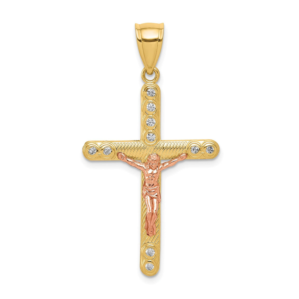 10k Two-Tone Gold Crucifix Pendant with Cubic Zirconia Accents, Textured and Polished Finish