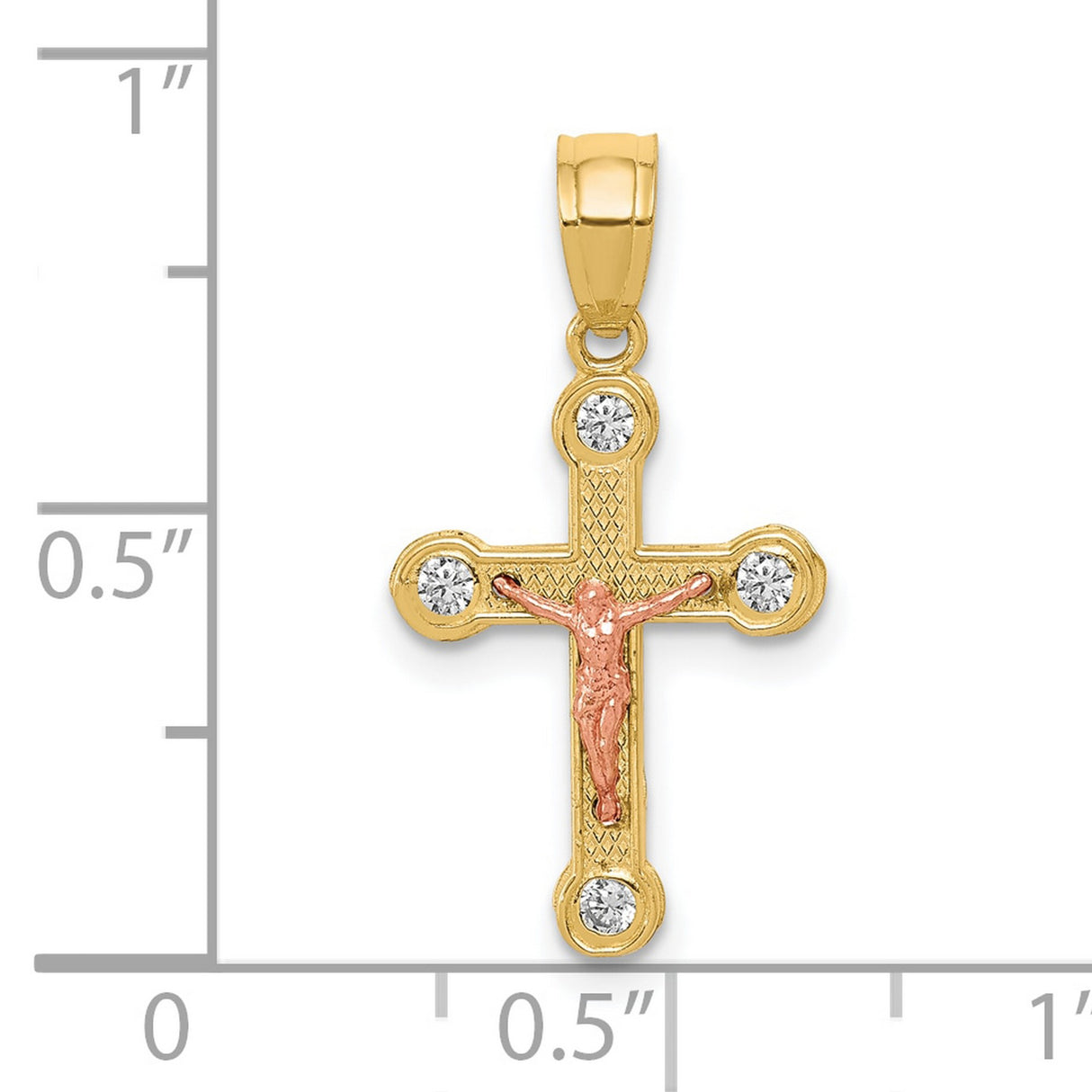 10k Two Tone Gold Crucifix Cross Pendant with Cubic Zirconia, Textured Detail, Religious Charm