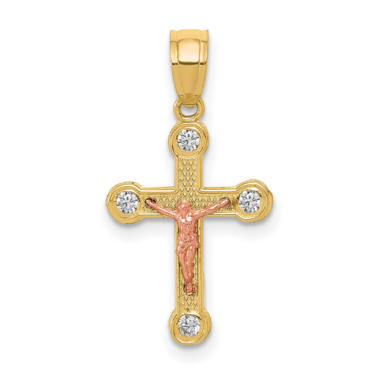 10k Two Tone Gold Crucifix Cross Pendant with Cubic Zirconia, Textured Detail, Religious Charm