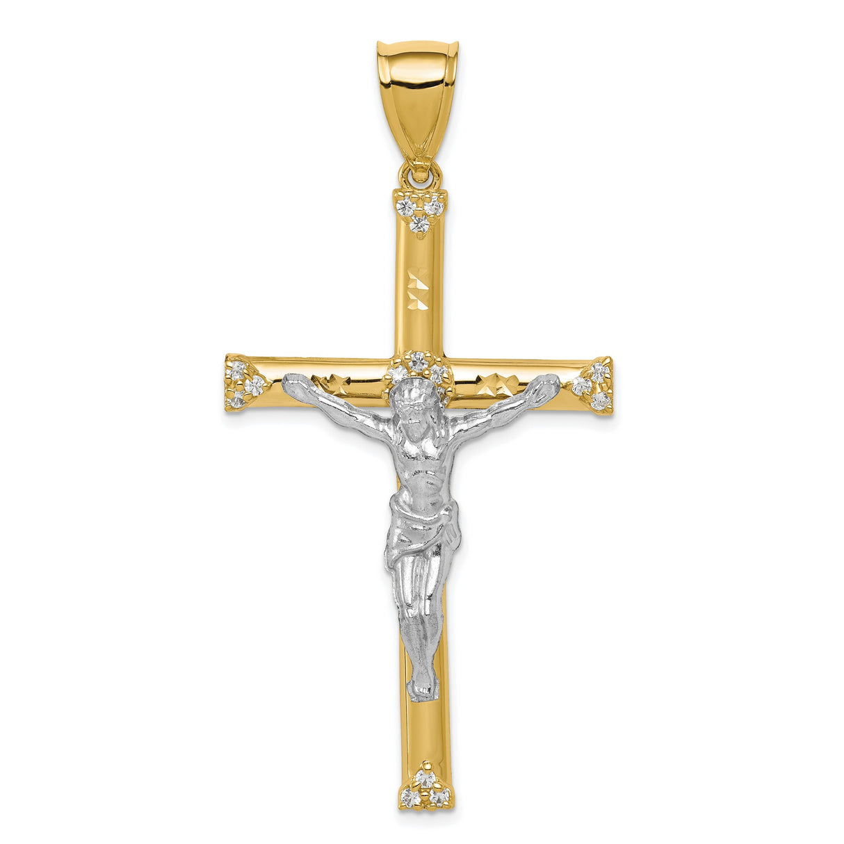 10k Multi-Tone Gold Crucifix Cross Pendant with Cubic Zirconia, Jesus Figure, Religious Charm