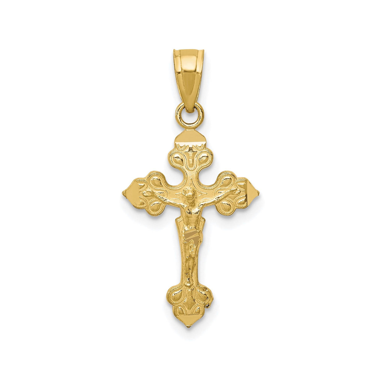 10k Yellow Gold Crucifix Pendant with Jesus Figure, Baroque Style Christian Cross Charm