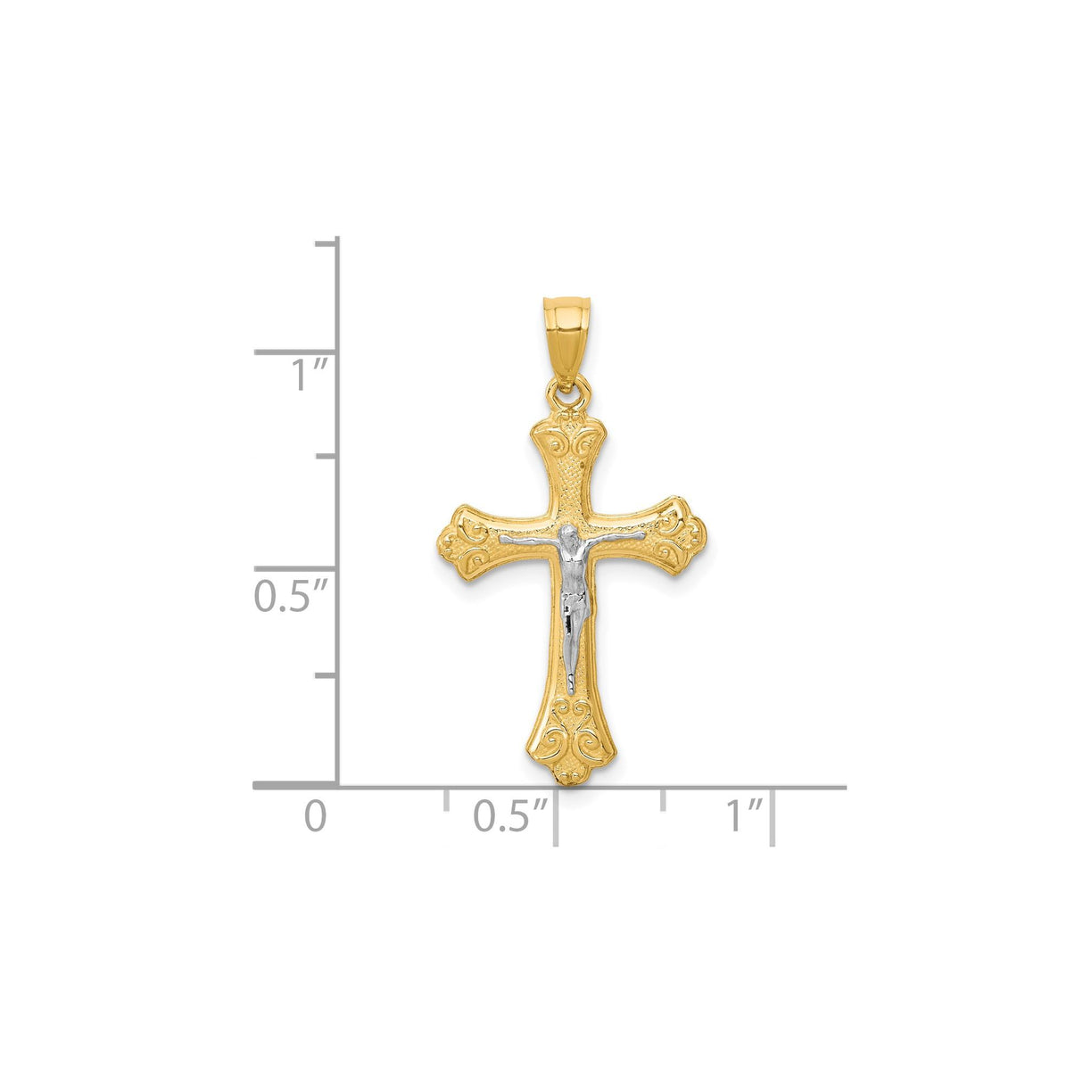 10k Multi-Tone Gold Crucifix Cross Pendant with Rhodium Christ Figure and Fleur de Lis Detail