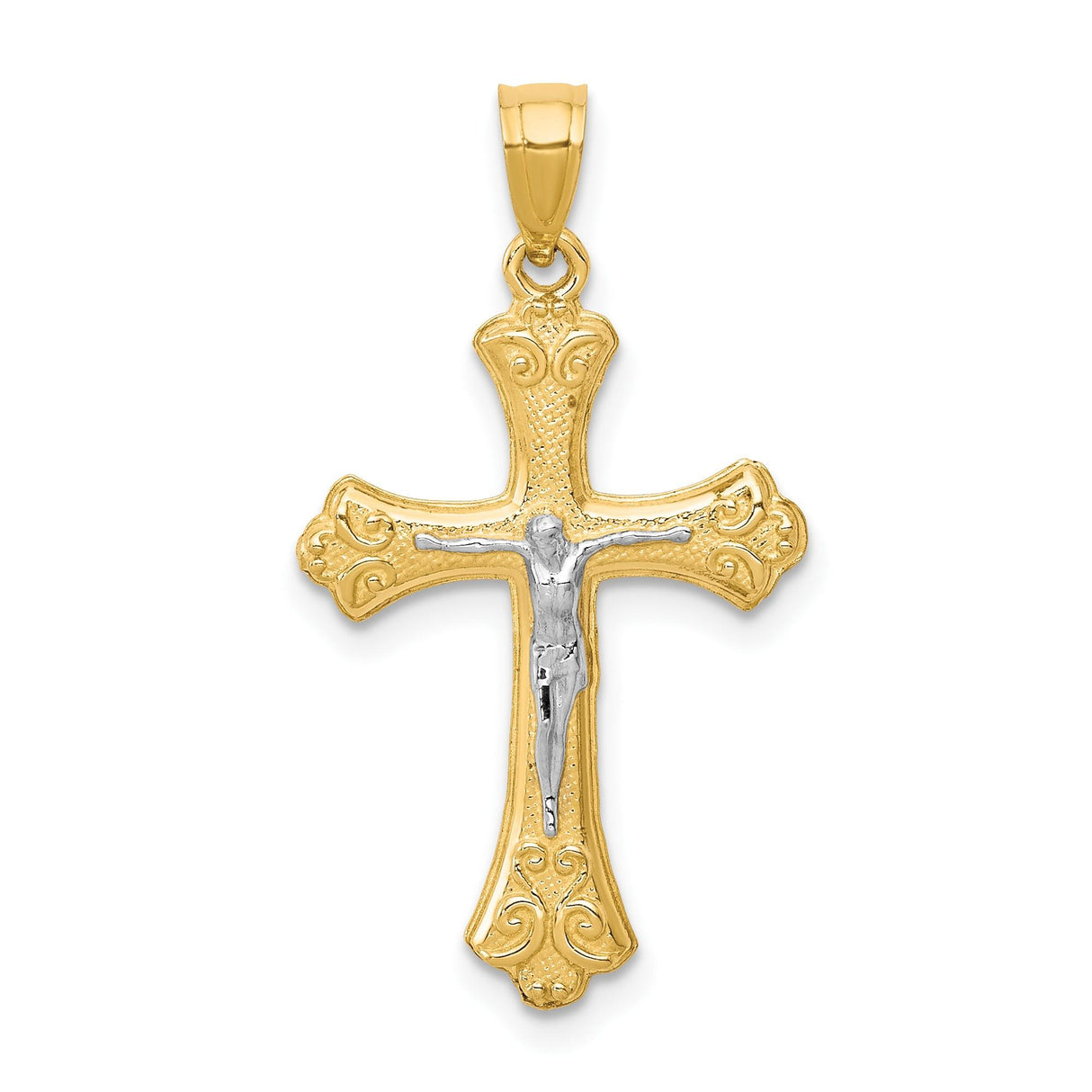 10k Multi-Tone Gold Crucifix Cross Pendant with Rhodium Christ Figure and Fleur de Lis Detail