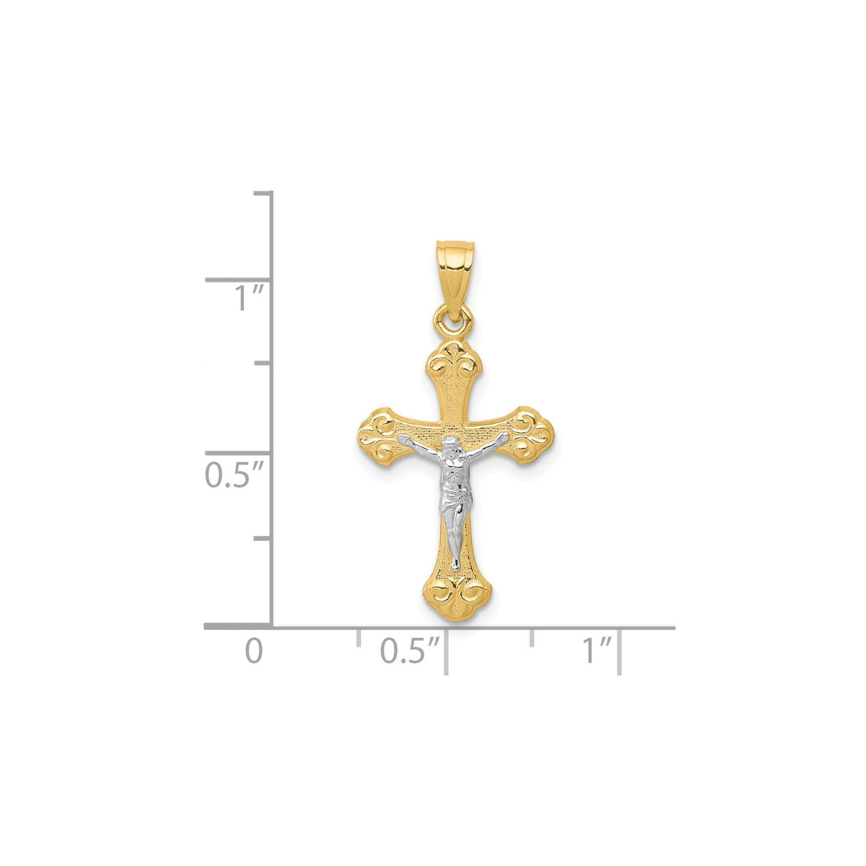 10k Multi-Tone Gold Crucifix Pendant with Rhodium Accents, Baroque Cross Design