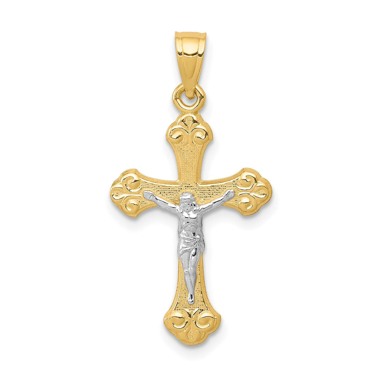 10k Multi-Tone Gold Crucifix Pendant with Rhodium Accents, Baroque Cross Design