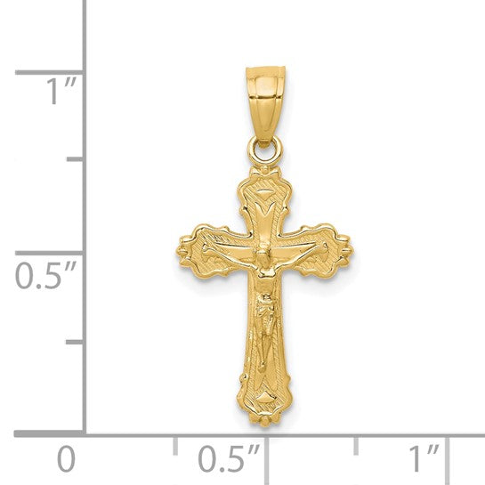 10k Yellow Gold Crucifix Cross Pendant with Jesus, Fleur-de-Lis Religious Charm