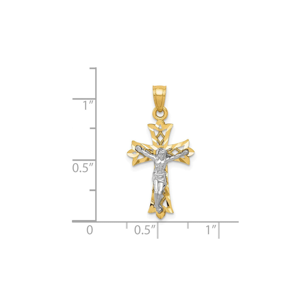 10k Multi-Tone Gold Crucifix Cross Pendant with Rhodium Jesus, Baroque Filigree Detailing