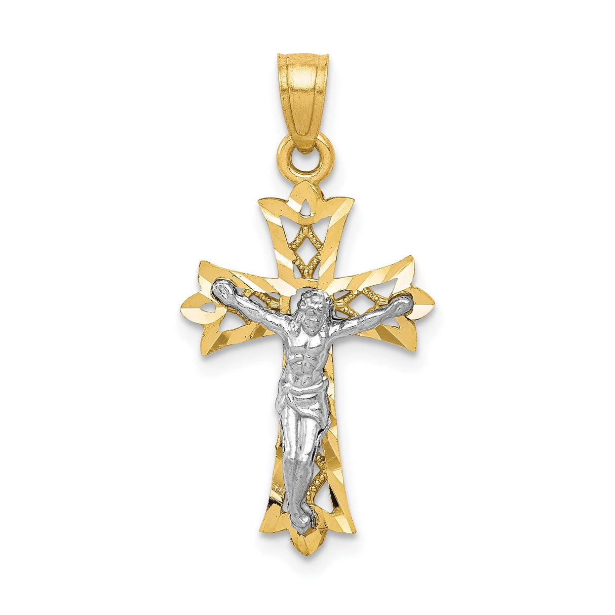 10k Multi-Tone Gold Crucifix Cross Pendant with Rhodium Jesus, Baroque Filigree Detailing