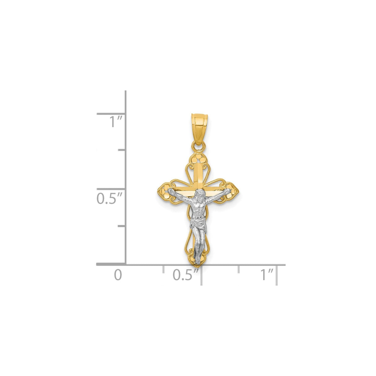 10k Multi-Tone Gold Crucifix Cross Pendant with Rhodium Filigree, Jesus Christ Design