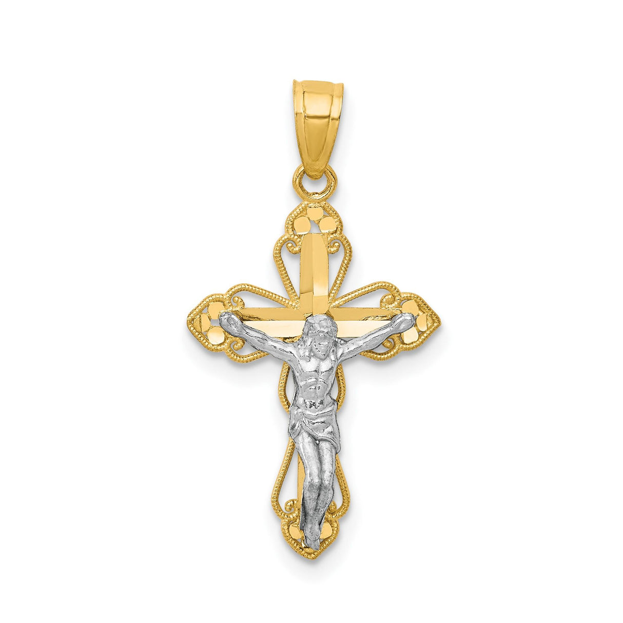 10k Multi-Tone Gold Crucifix Cross Pendant with Rhodium Filigree, Jesus Christ Design