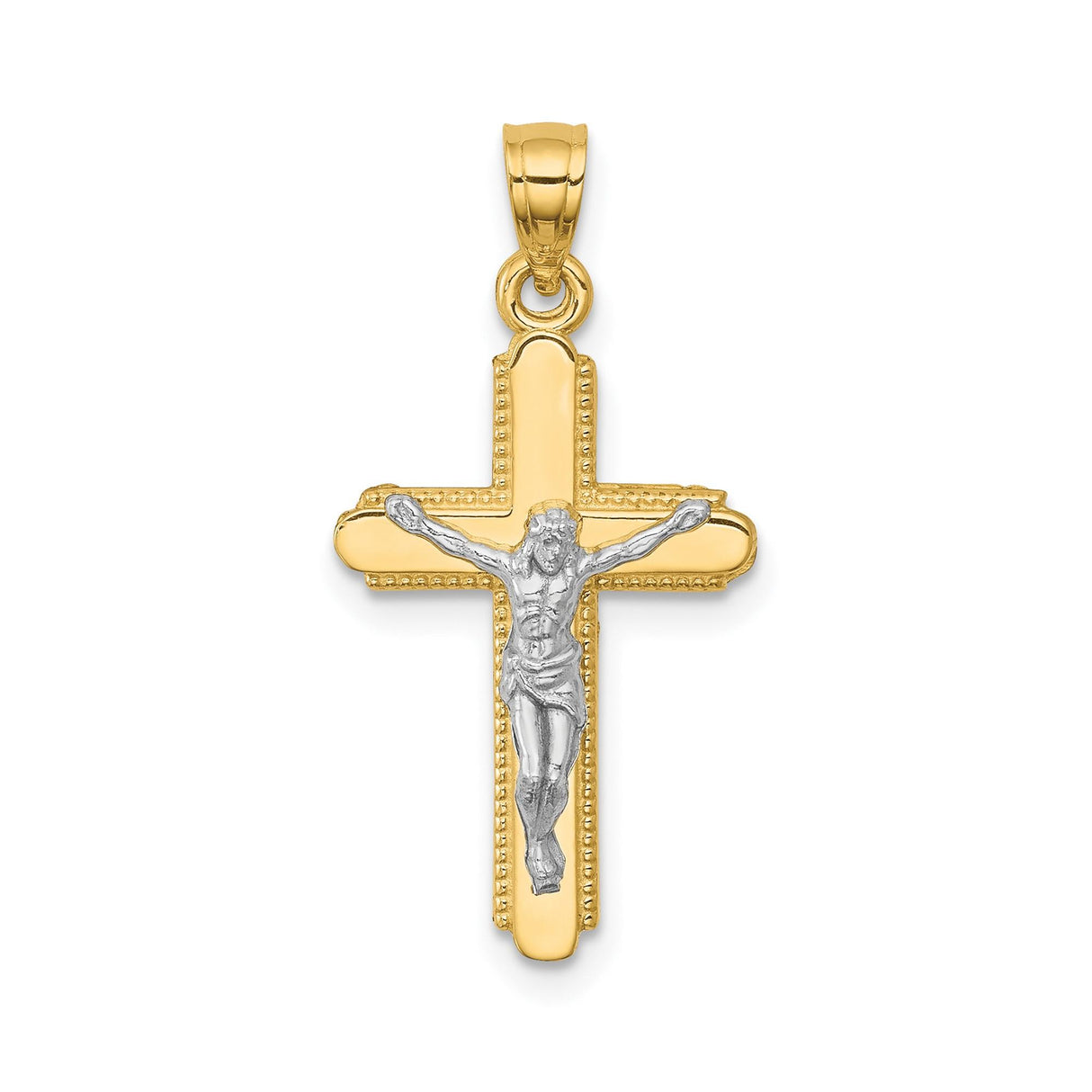 10k Multi-Tone Gold Crucifix Pendant with Rhodium Detail, Christian Cross Charm