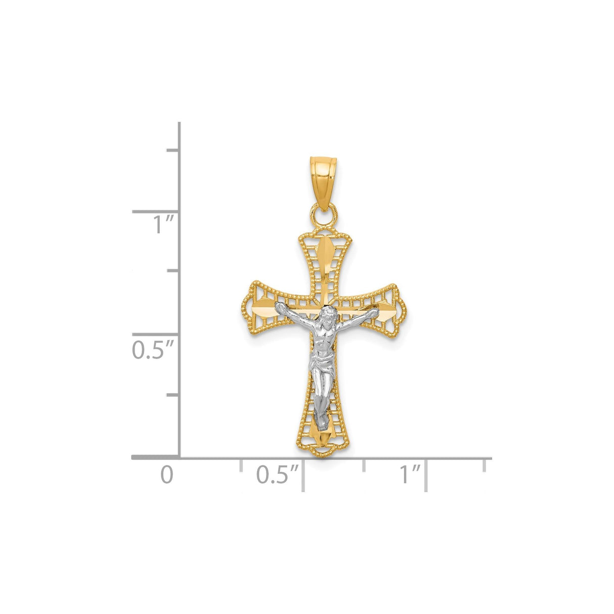10k Two-Tone Gold Crucifix Cross Pendant with Rhodium Trim, Religious Christian Jewelry