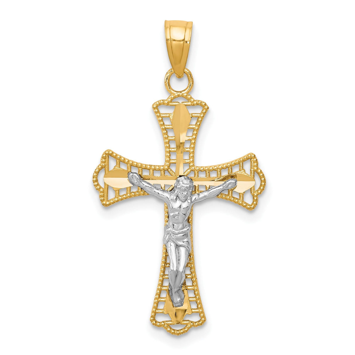 10k Two-Tone Gold Crucifix Cross Pendant with Rhodium Trim, Religious Christian Jewelry