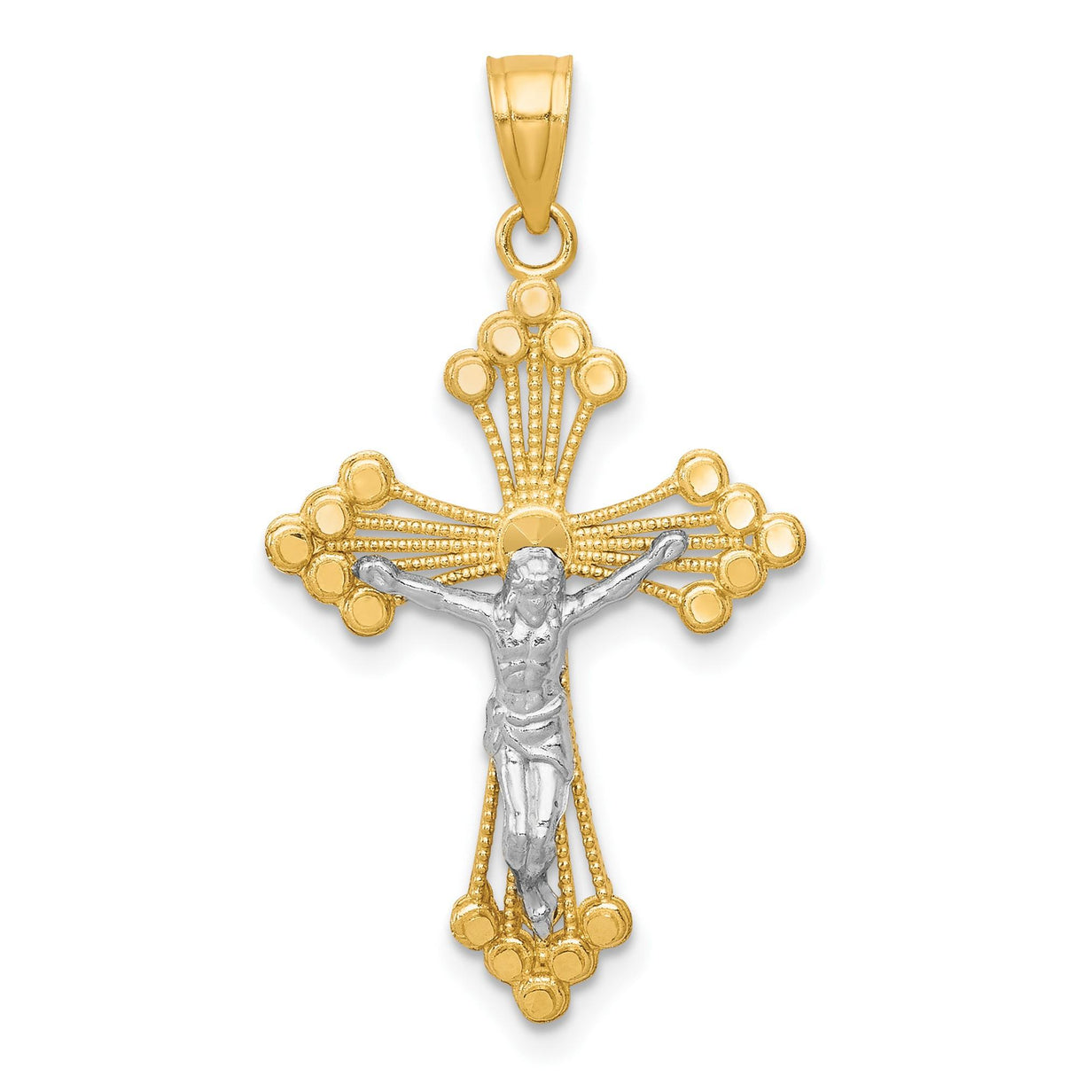 10k Multi-Tone Gold Crucifix Cross Pendant with Rhodium Accent and Jesus Figure