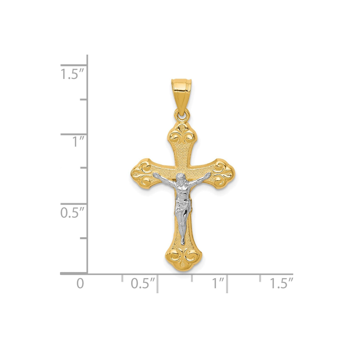 10k Multi-Tone Gold Crucifix Cross Pendant with Rhodium Accent, Detailed Jesus Figure, Baroque Style