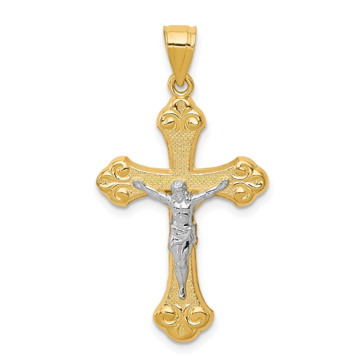 10k Multi-Tone Gold Crucifix Cross Pendant with Rhodium Accent, Detailed Jesus Figure, Baroque Style