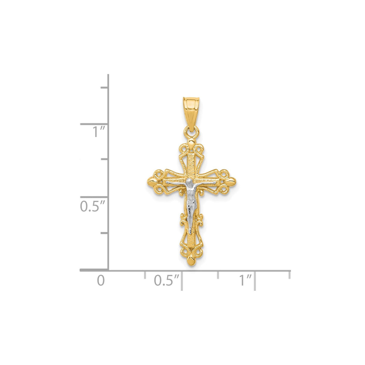 10k Multi-Tone Gold Crucifix Cross Pendant with Rhodium Detail, Baroque Catholic Charm