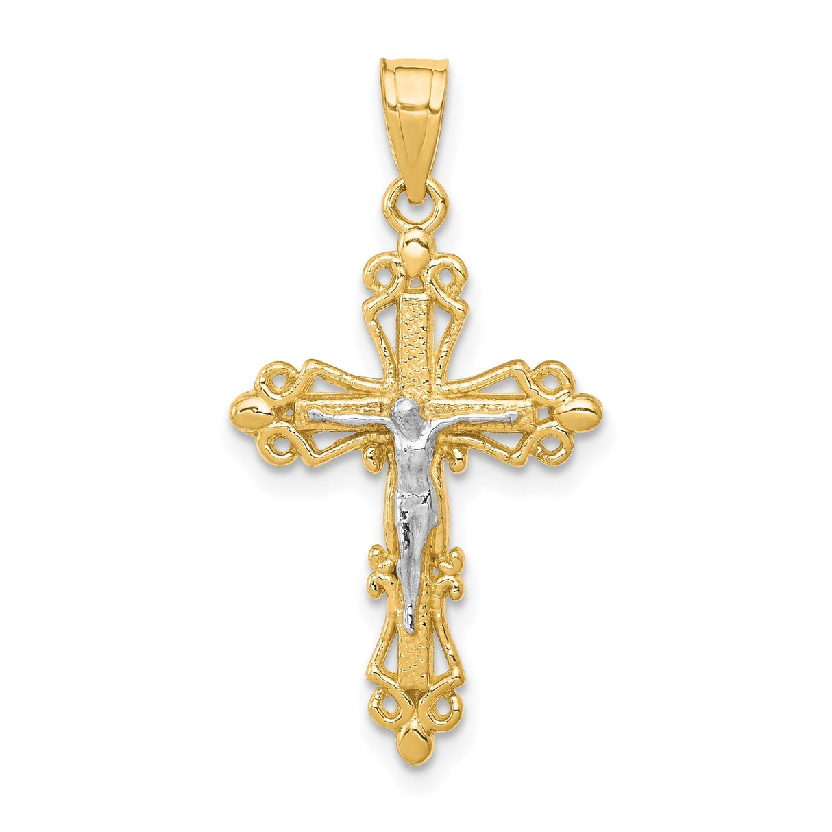 10k Multi-Tone Gold Crucifix Cross Pendant with Rhodium Detail, Baroque Catholic Charm