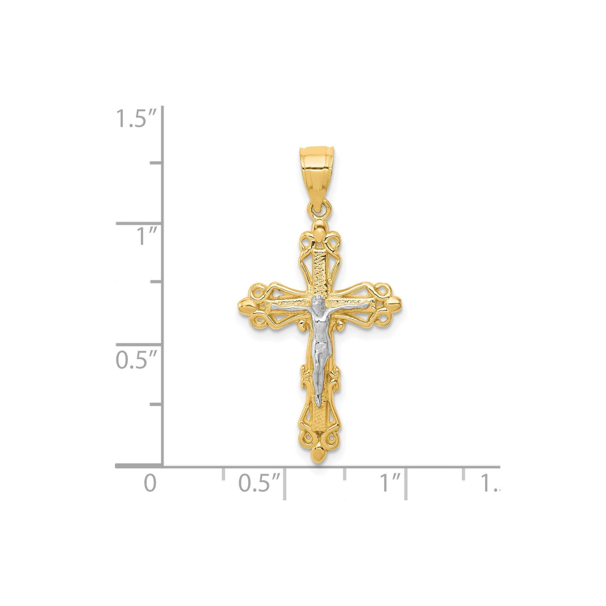 10k Multi-Tone Gold Crucifix Cross Pendant with Rhodium Detail, Jesus Figure, Christian Religious Charm
