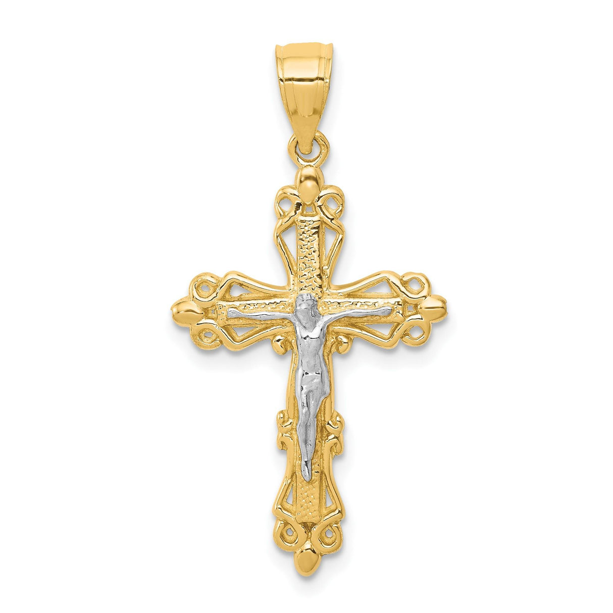 10k Multi-Tone Gold Crucifix Cross Pendant with Rhodium Detail, Jesus Figure, Christian Religious Charm