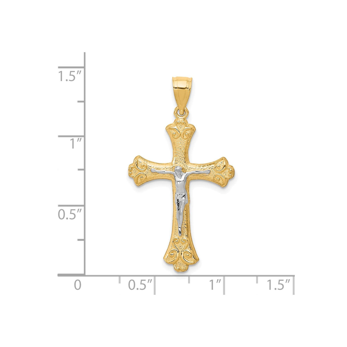 10k Multi-Tone Gold Crucifix Pendant with Rhodium Accents, Fleur de Lis Baroque Style