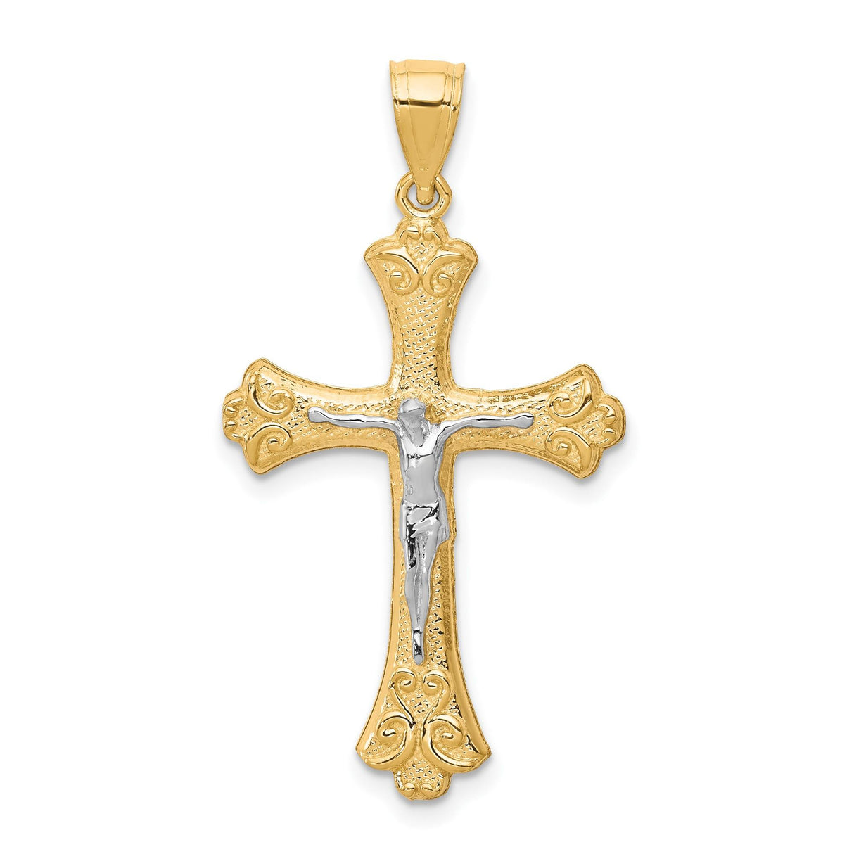 10k Multi-Tone Gold Crucifix Pendant with Rhodium Accents, Fleur de Lis Baroque Style