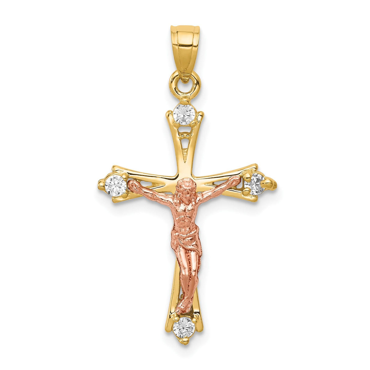 10k Two-Tone Gold Crucifix Cross Pendant with Cubic Zirconia, High Polish Christ Detail