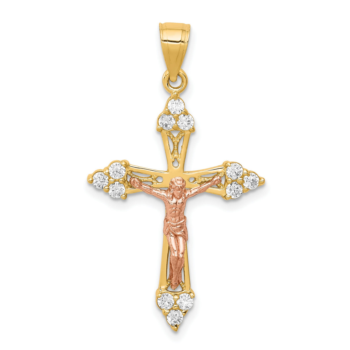 10k Multi-Tone Gold Crucifix Pendant with Cubic Zirconia, Religious Cross Charm