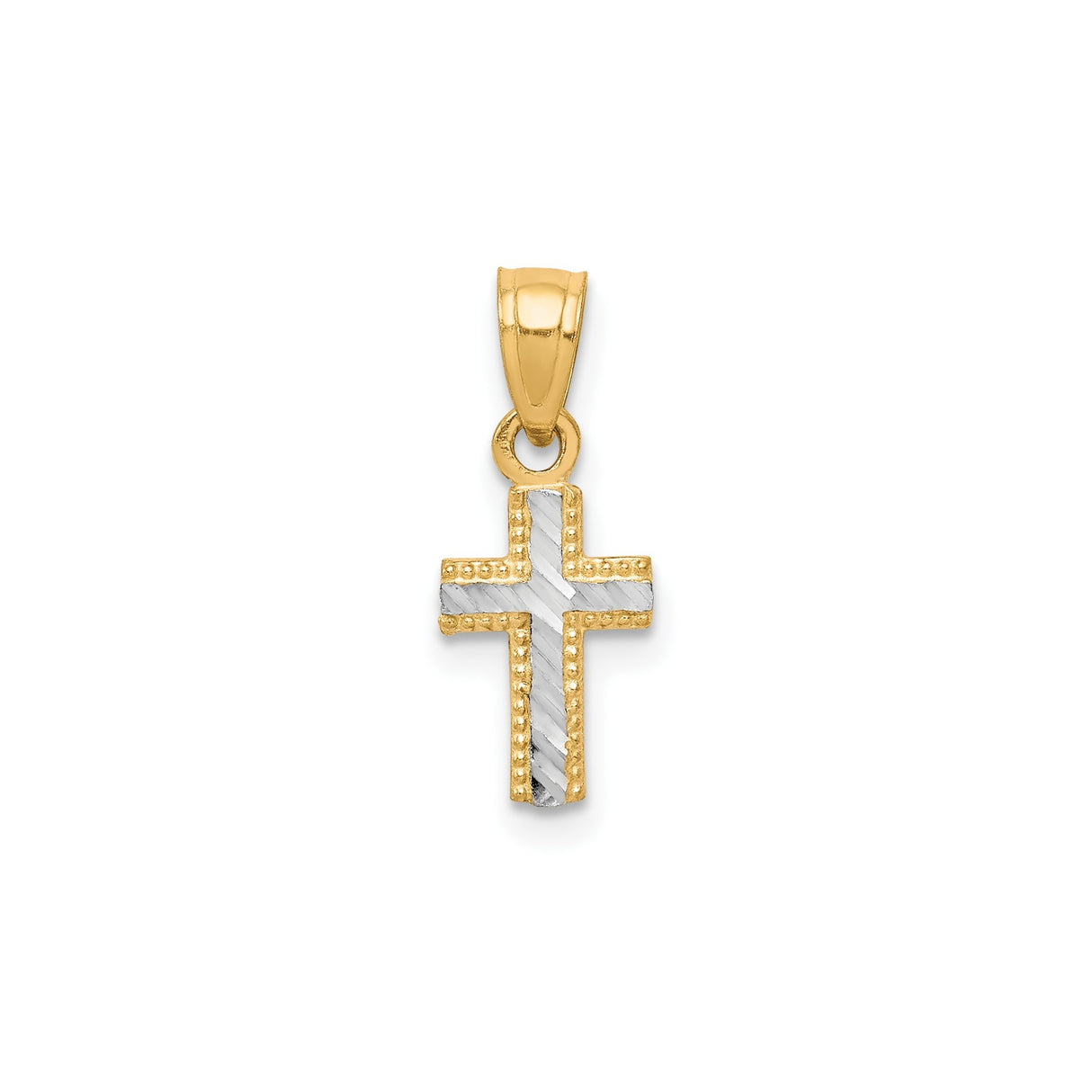 10k Yellow and White Gold Cross Pendant with Rhodium Accents, Diamond Cut, Religious Charm