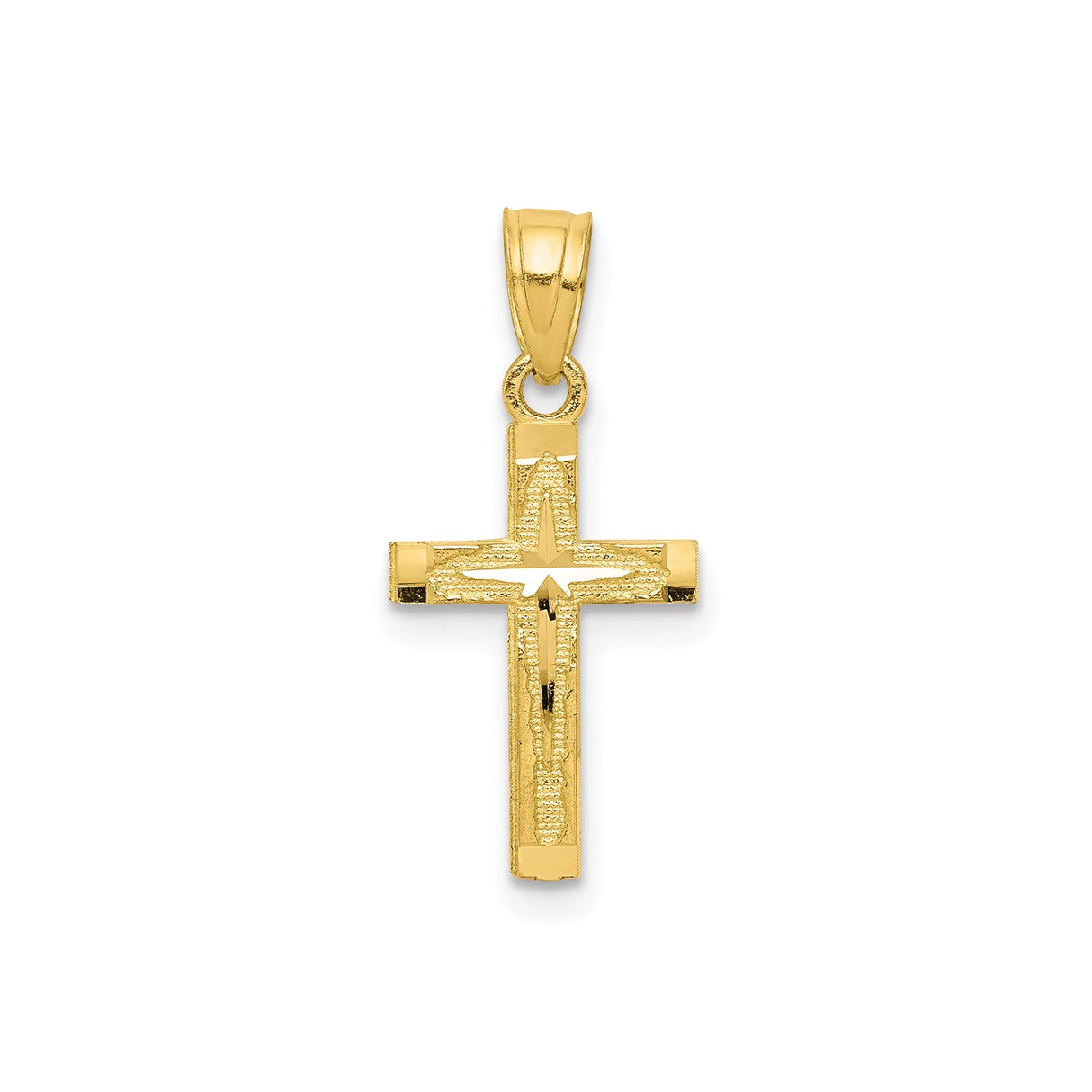 10k Yellow Gold Cross Pendant, Diamond Cut Polished Textured Starburst Design for Men and Women