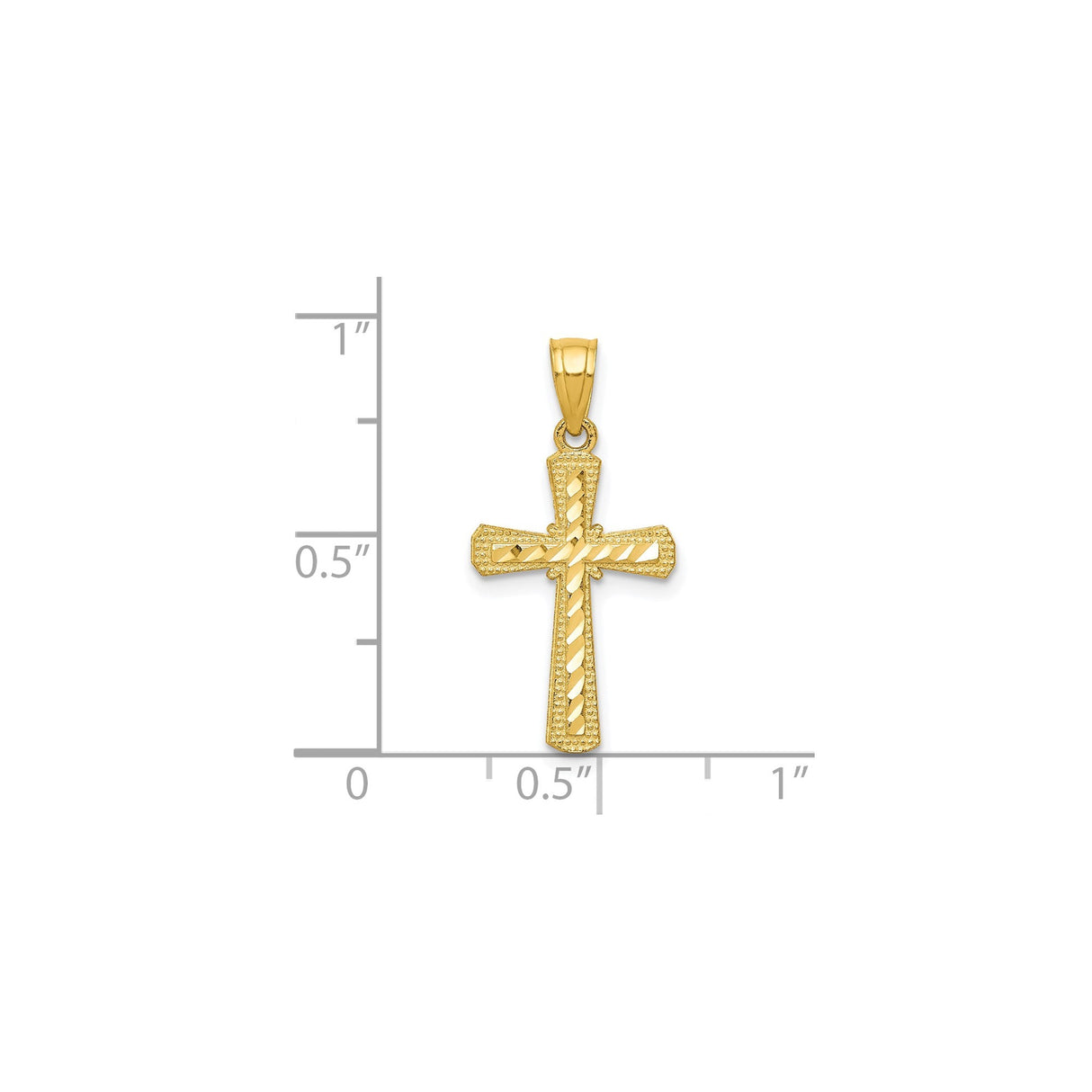 10k Yellow Gold Cross Pendant, Diamond Cut Finish with Beaded Detail and Polished Tapered Edges