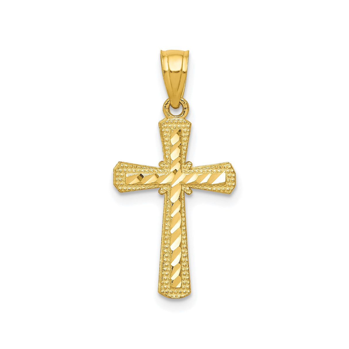 10k Yellow Gold Cross Pendant, Diamond Cut Finish with Beaded Detail and Polished Tapered Edges