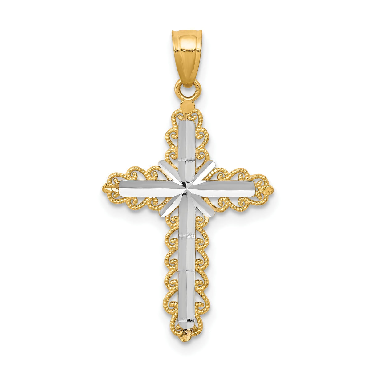 10k Multi-Tone Gold Cross Pendant with Beveled Edge, Milgrain and Vintage Scroll Design