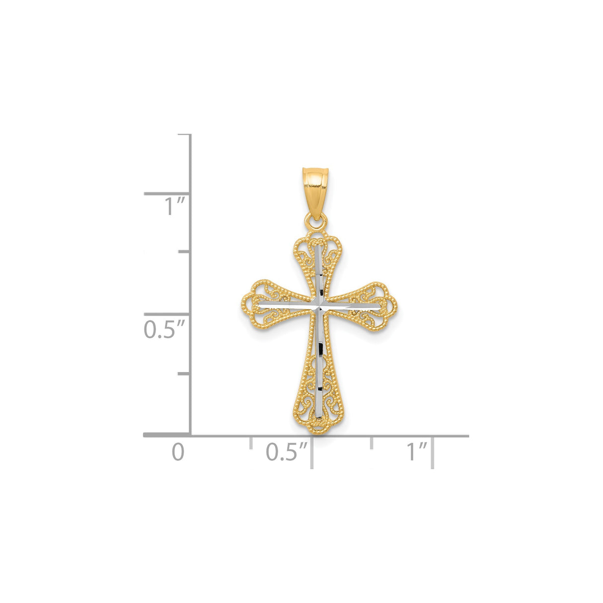 10k Two-Tone Gold Cross Pendant with Rhodium Accent and Filigree Design